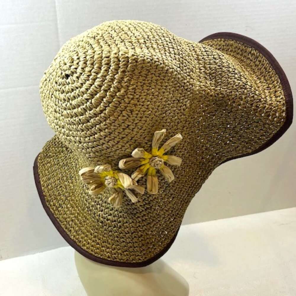 Caribbean Joe Floppy Crocheted Paper Summer Beach Floral Sun Hat Lightweight